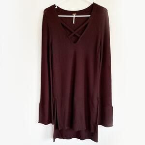 Free People Tunic Top Criss Cross Front V Neck Sweater Pullover Wine SMALL